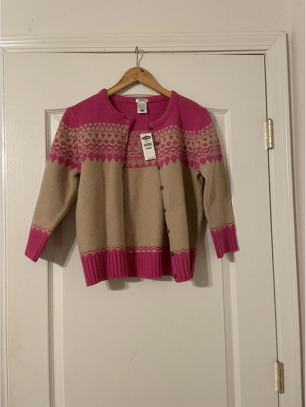 NWT Old Navy Pink and Cream Fair Isle  Wool Blend Button Up Cardigan Large